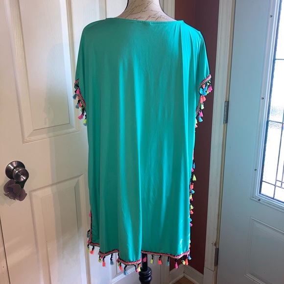 Neon Pom Pom Fringe Teal Swim Pool Vacation Resortwear Coverup sz L-XXL - Picture 4 of 8